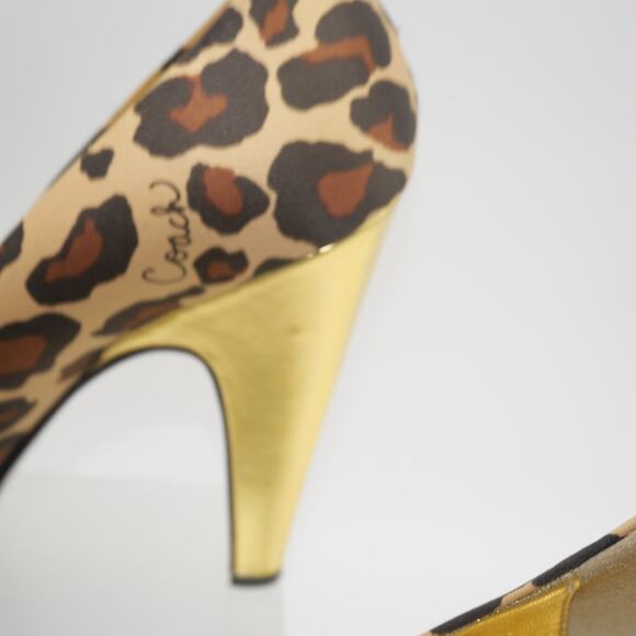 Coach Women's 8 Leopard Print Satin Peep Toe Gold Heels Daisey - Picture 4 of 11